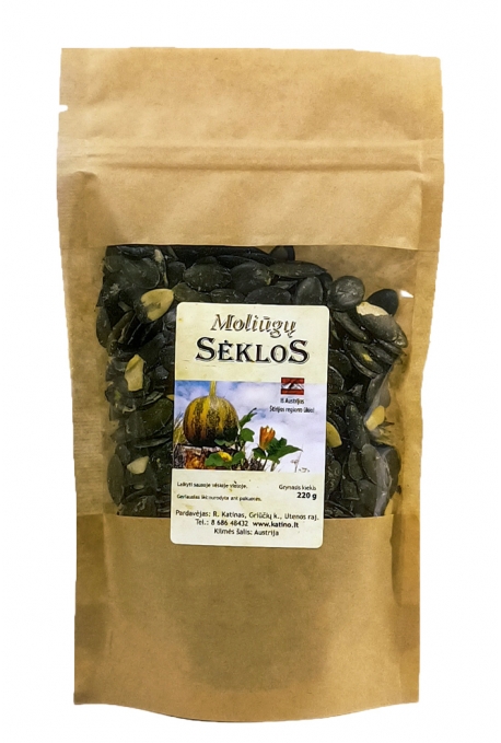Aliejinių moliūgų sėklos, belukštės, 220 g.
