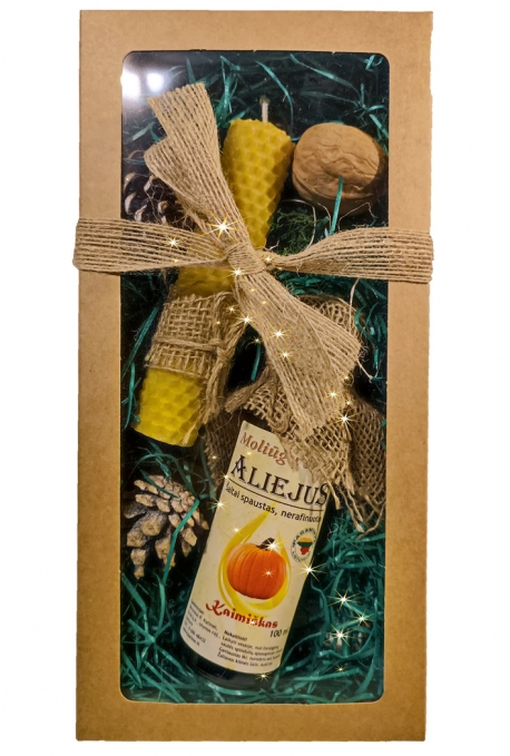 Rinkinys "Moliūgaitis" (moliūgų sėklų aliejus, kanapinė druska ir vaško žvakė) GERA KAINA!