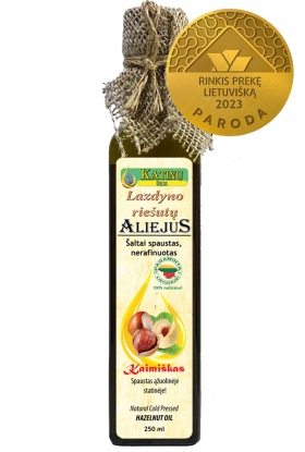 Lazdyno riešutų aliejus, šalto spaudimo 250 ml. (100 proc. natūralus, spaustas senoviniu būdu,  tamsaus stiklo buteliuke!) 