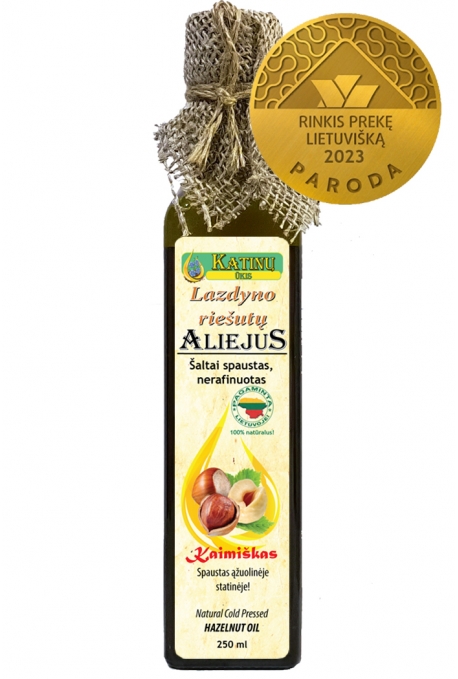 Lazdyno riešutų aliejus, šalto spaudimo 250 ml. (100 proc. natūralus, spaustas senoviniu būdu,  tamsaus stiklo buteliuke!) 