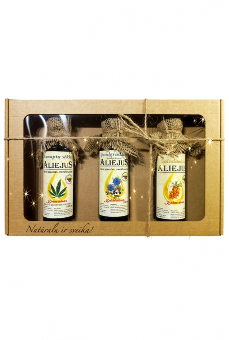 Rinkinys "IMUNITETUI" (juodgrūdės, šaltalankių bei kanapių sėklų aliejai stiklo buteliukuose) GERA DOVANA!