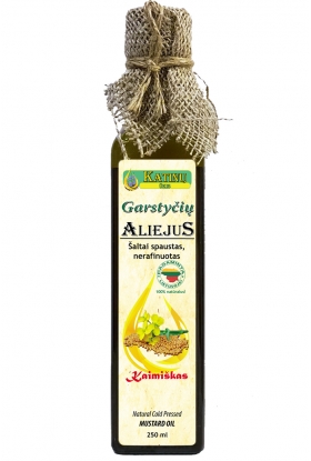 Garstyčių aliejus, šalto spaudimo 250 ml. (100 proc. natūralus, spaustas ąžuolinėje statinėje, tamsaus stiklo buteliuke!) 