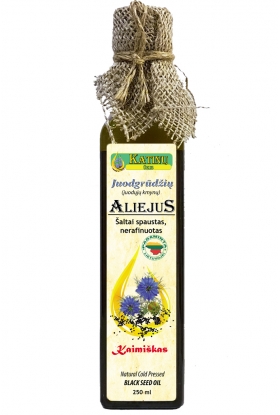 Juodgrūdžių (juodųjų kmynų) aliejus, 250 ml. Šaltai spaustas,  tamsaus stiklo buteliuke.