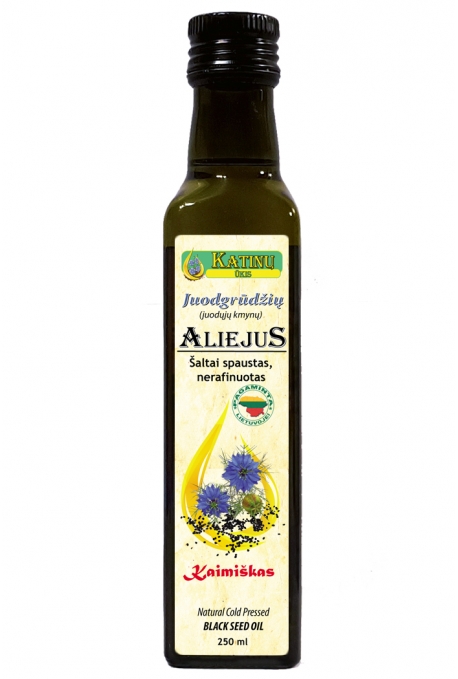 Juodgrūdžių (juodųjų kmynų) aliejus, 250 ml. Šaltai spaustas,  tamsaus stiklo buteliuke.